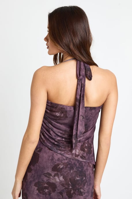 Printed Mesh Cowl Neck Scarf Detail Top - Image 2