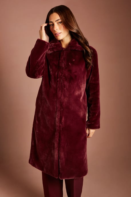 Burgundy Faux Fur Longline Collared Coat - Image 1