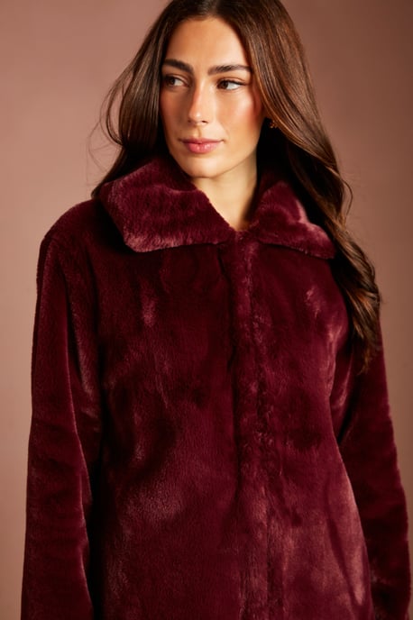 Burgundy Faux Fur Longline Collared Coat - Image 2