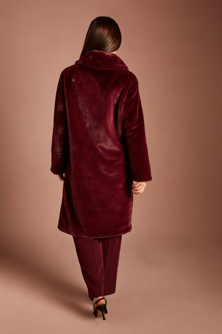 Burgundy Faux Fur Longline Collared Coat - Image 3
