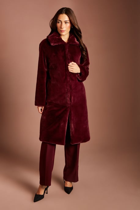 Burgundy Faux Fur Longline Collared Coat - Image 4