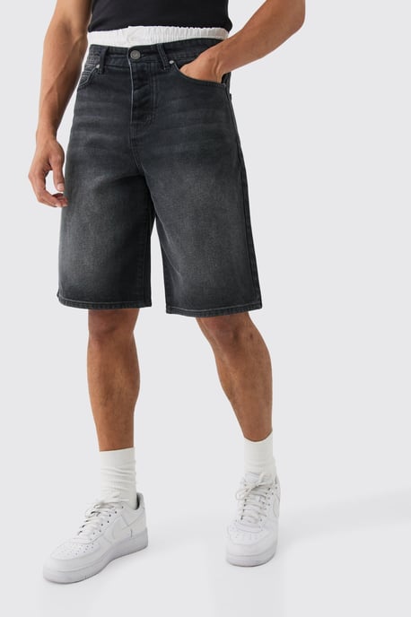 Double Waist Band Denim Jorts In Black - Image 1
