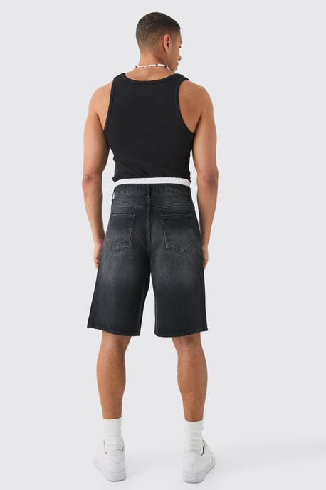 Double Waist Band Denim Jorts In Black - Image 2