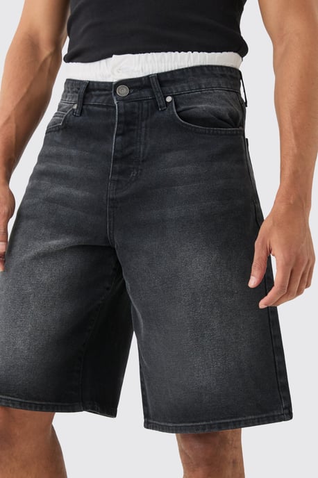 Double Waist Band Denim Jorts In Black - Image 3