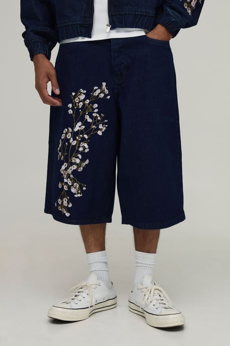 Floral Embroidered Longline Denim Jorts - Image 1