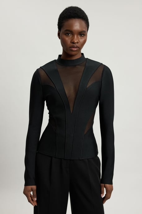 Figure Form Bandage Mesh Detail Knit Top - Image 1