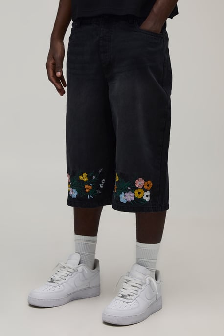 Floral Embroidered Hem Longline Denim Jorts - Image 1