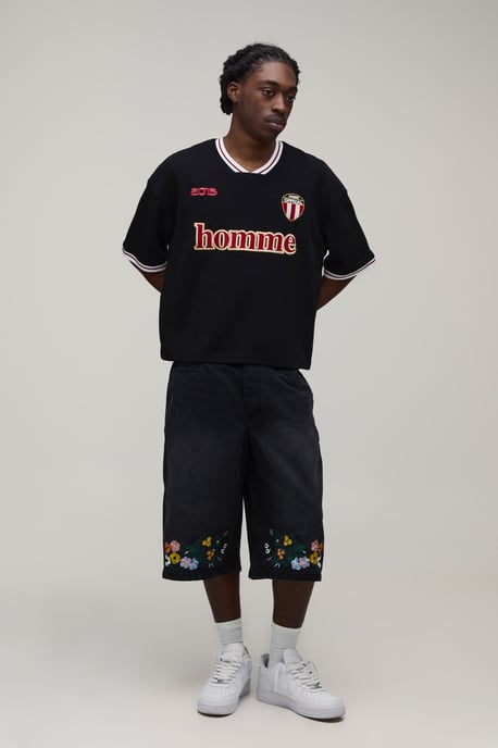 Floral Embroidered Hem Longline Denim Jorts - Image 4