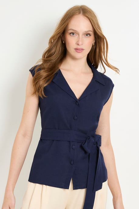 Collared Belted Linen Blend Top - Image 1