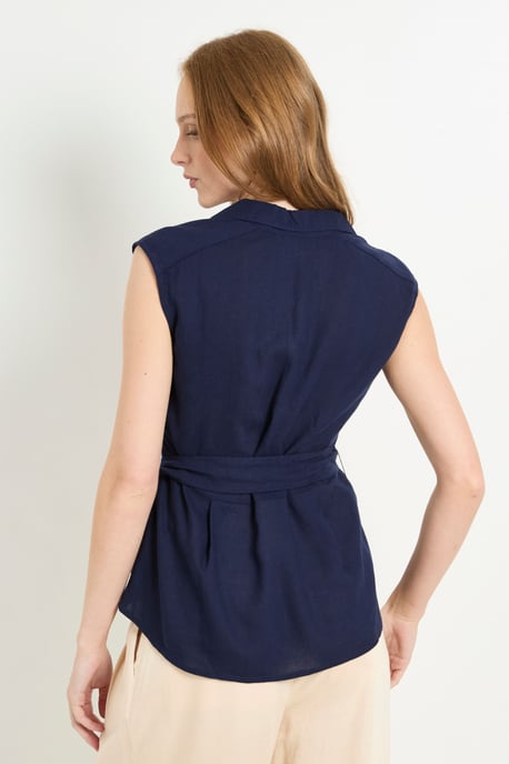 Collared Belted Linen Blend Top - Image 3