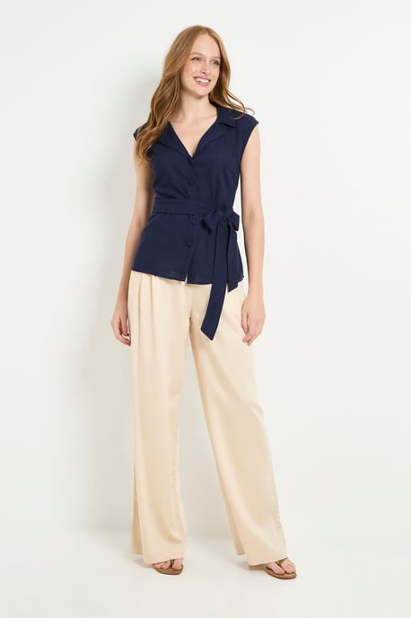 Collared Belted Linen Blend Top - Image 4