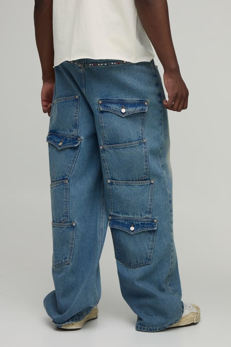 Tall Rhinestone Trim Multi Pocket Baggy Jeans - Image 1