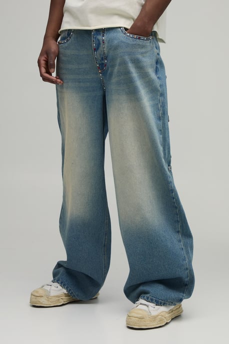 Tall Rhinestone Trim Multi Pocket Baggy Jeans - Image 3
