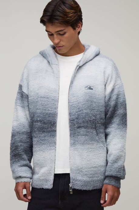 Relaxed Fluffy Ombre Zip Thru Knitted Hoodie - Image 1