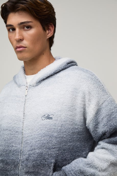 Relaxed Fluffy Ombre Zip Thru Knitted Hoodie - Image 3