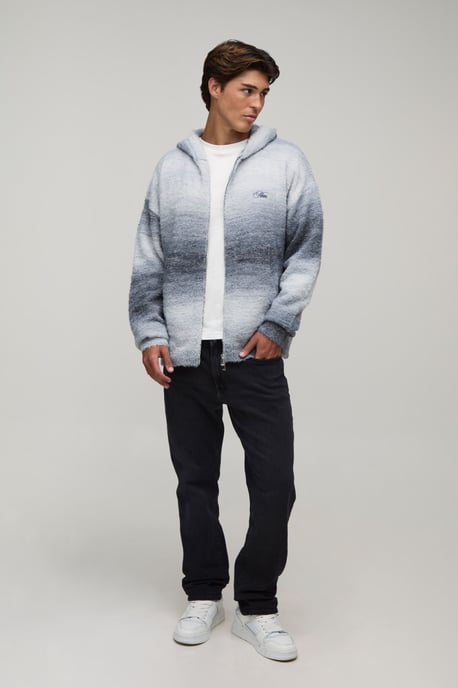 Relaxed Fluffy Ombre Zip Thru Knitted Hoodie - Image 4