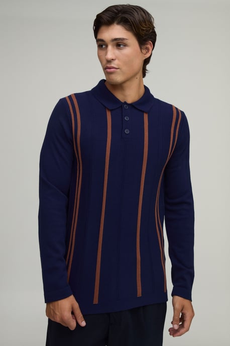 Regular Fit Stripe Knitted Long Sleeve Polo - Image 1