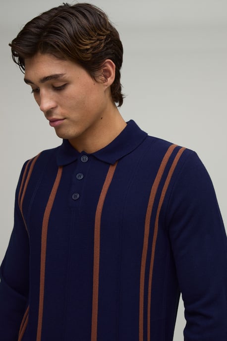 Regular Fit Stripe Knitted Long Sleeve Polo - Image 3
