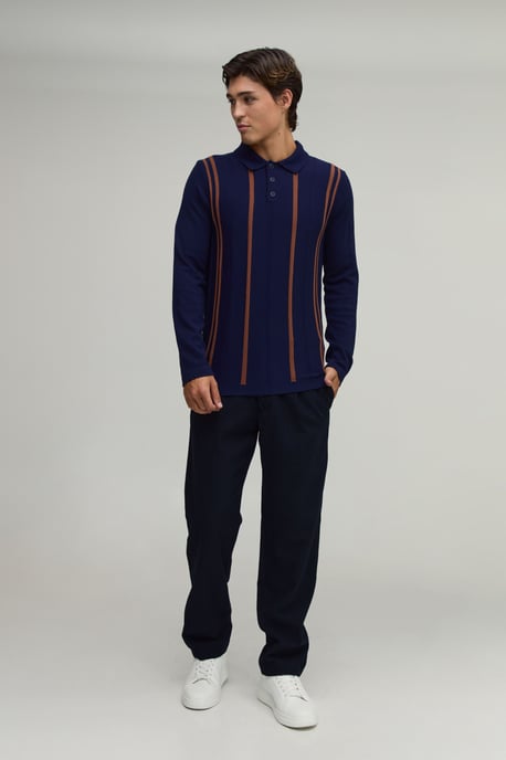 Regular Fit Stripe Knitted Long Sleeve Polo - Image 4