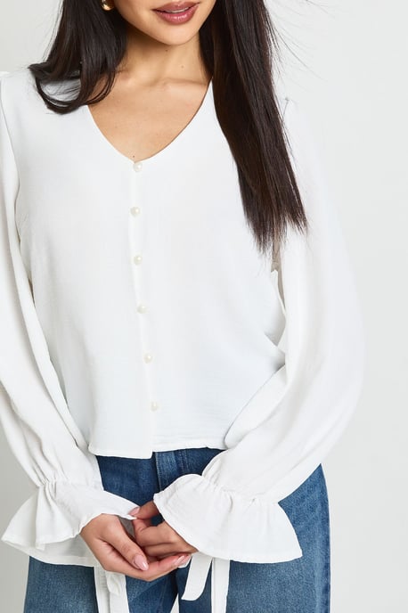Hammered Button Front Frill Cuff Blouse - Image 4