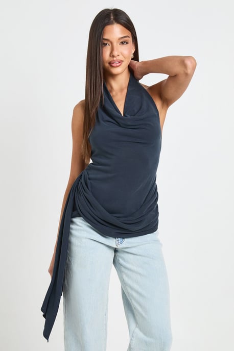 Cupro High Neck Drape Detail Top - Image 3