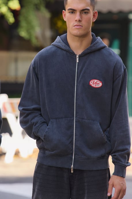 Oversized Man Applique Zip Through Washed Hoodie - Image 1