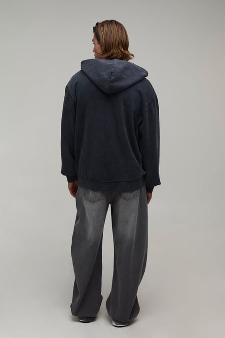 Oversized Man Applique Zip Through Washed Hoodie - Image 2