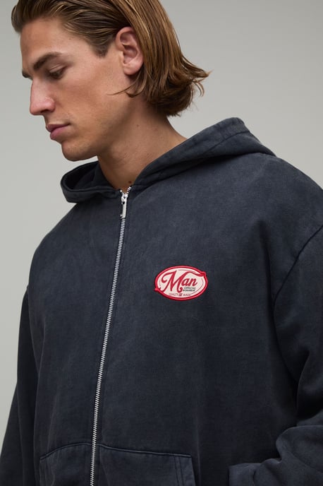 Oversized Man Applique Zip Through Washed Hoodie - Image 3