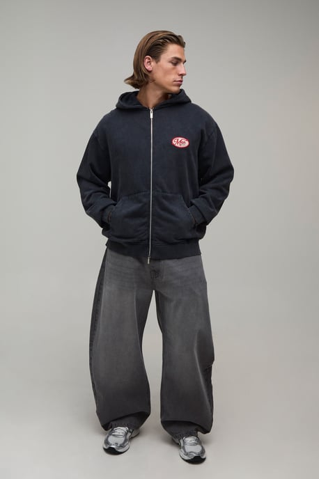 Oversized Man Applique Zip Through Washed Hoodie - Image 4