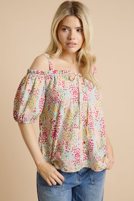 Multi Tie Front Cold Shoulder Long Sleeve Top - Image 1