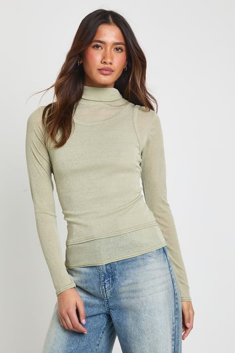 Sheer Textured 2 in 1 Roll Neck Top - Image 1