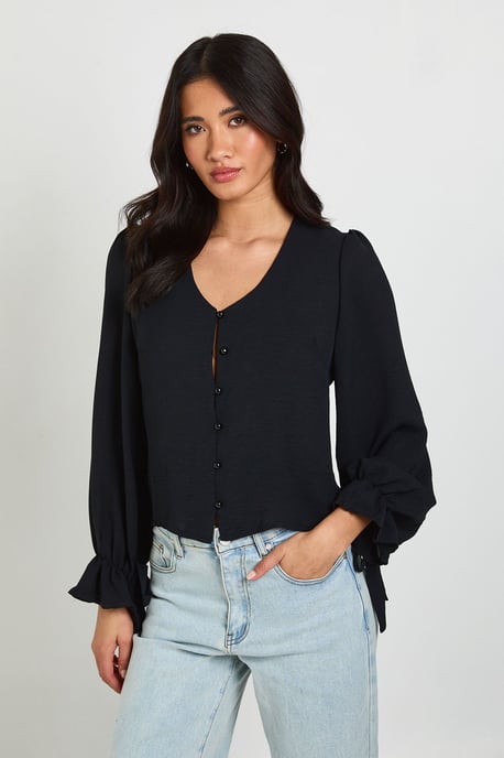 Hammered Button Front Frill Cuff Blouse - Image 1