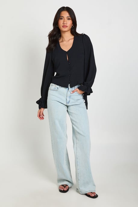 Hammered Button Front Frill Cuff Blouse - Image 3