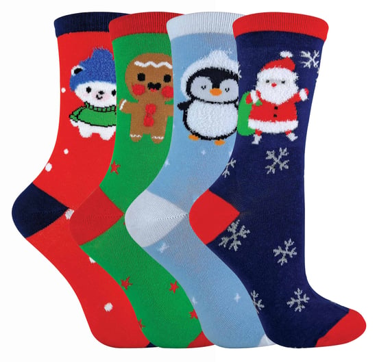 Kids/Childrens 4 Pack Thin Cotton Rich Xmas Christmas Socks 3 Sizes - Image 1