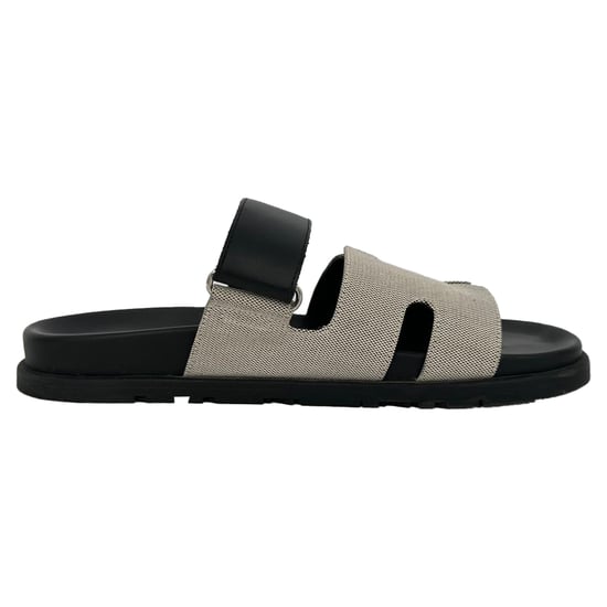 Hermès Chypre Sandals in White and Black Canvas and Leather - Image 1