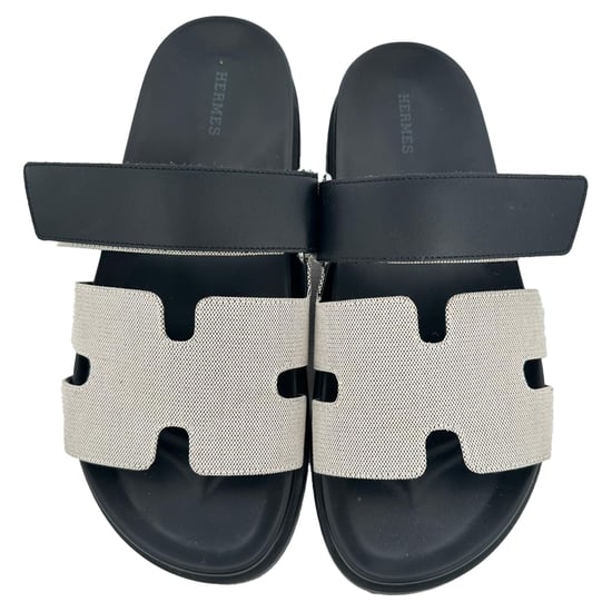 Hermès Chypre Sandals in White and Black Canvas and Leather - Image 3