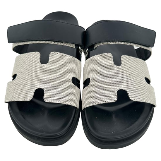 Hermès Chypre Sandals in White and Black Canvas and Leather - Image 4