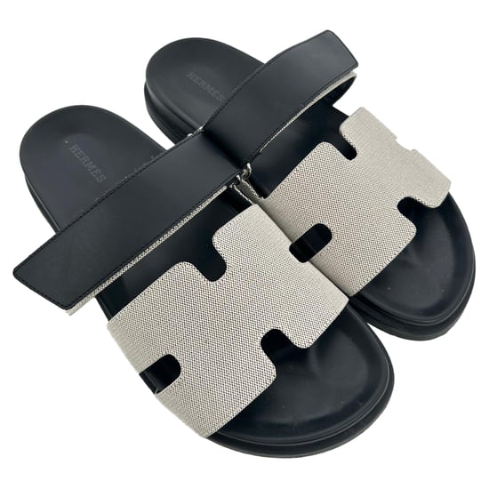 Hermès Chypre Sandals in White and Black Canvas and Leather - Image 6