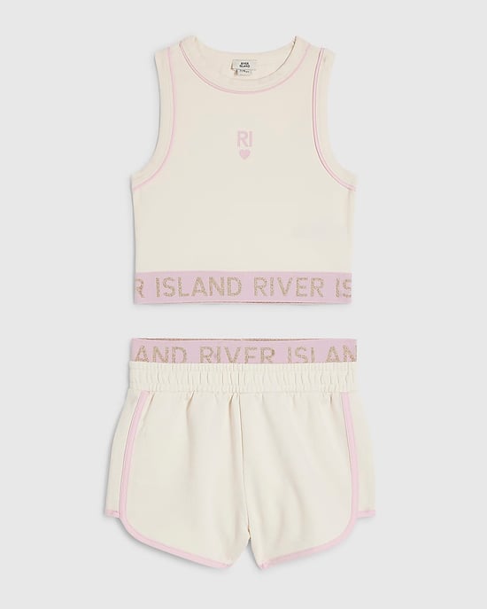 River Island Girls Tank & Shorts Set Cream RI Waistband 2 Piece - Image 1