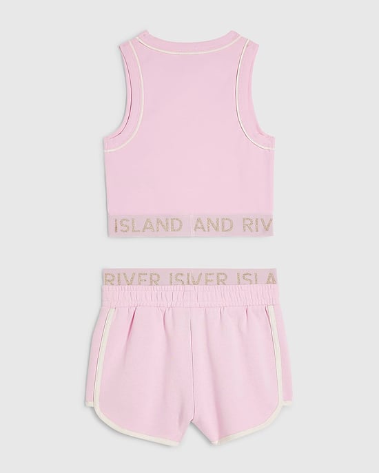 River Island Girls Tank & Shorts Set Pink RI Waistband 2 Piece - Image 2