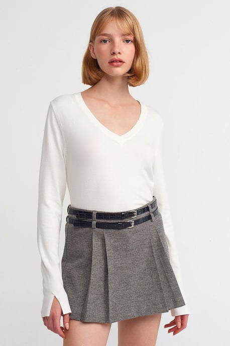 Women's V-Neck Knit Sweater With Side Slit - Image 1