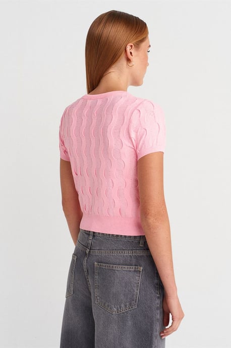 Dames Cropped Jacquard Knopen Cardigan - Image 2