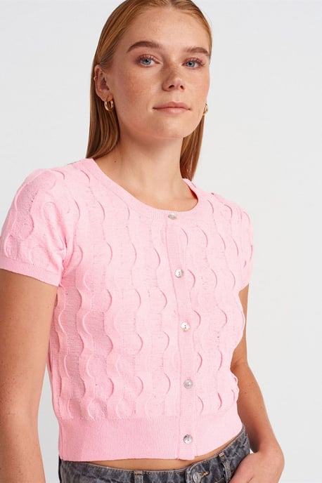 Dames Cropped Jacquard Knopen Cardigan - Image 3