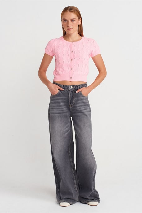 Dames Cropped Jacquard Knopen Cardigan - Image 4