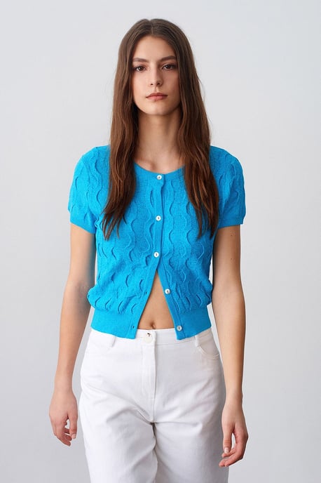 Dames Cropped Jacquard Knopen Cardigan - Image 3