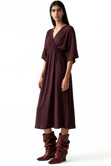 V-Neck Midi Wrap Dress with Three Quarter Sleeves - Image 2