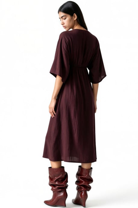 V-Neck Midi Wrap Dress with Three Quarter Sleeves - Image 3