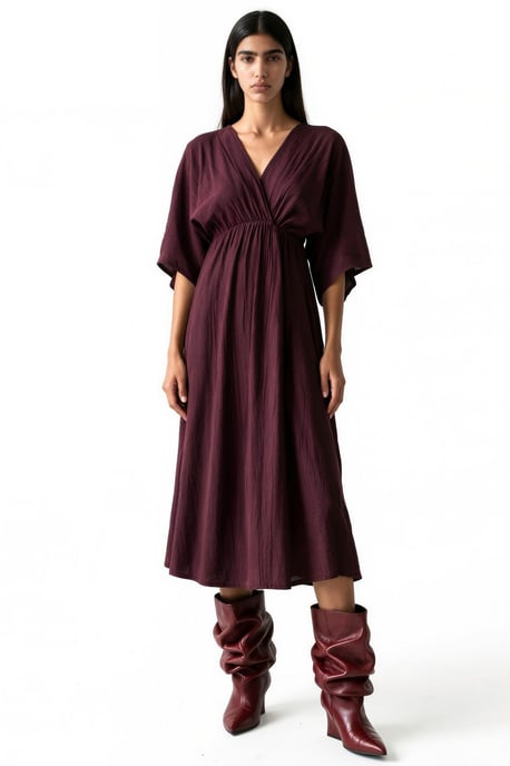 V-Neck Midi Wrap Dress with Three Quarter Sleeves - Image 4