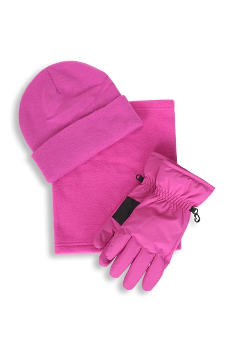 Women's Snow Accessories Set with Knitted Beanie, Fleece Neck Gaiter and Mittens Pink - Image 1