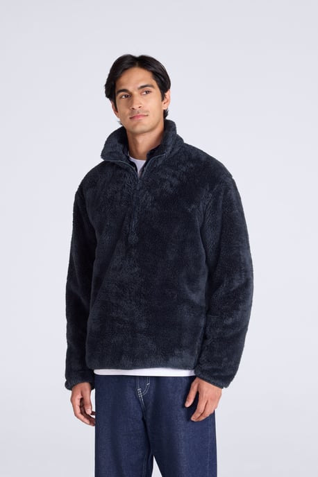 Men's Fleece Teddy Sweater with Pockets Half Zip Warm Cosy Casual Jacket Dark Blue - Image 1